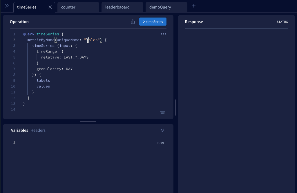 An animated screen capture of Propel’s GraphQL Explorer, showing how to query a Metric using the GraphQL API with various time granularities and filters.