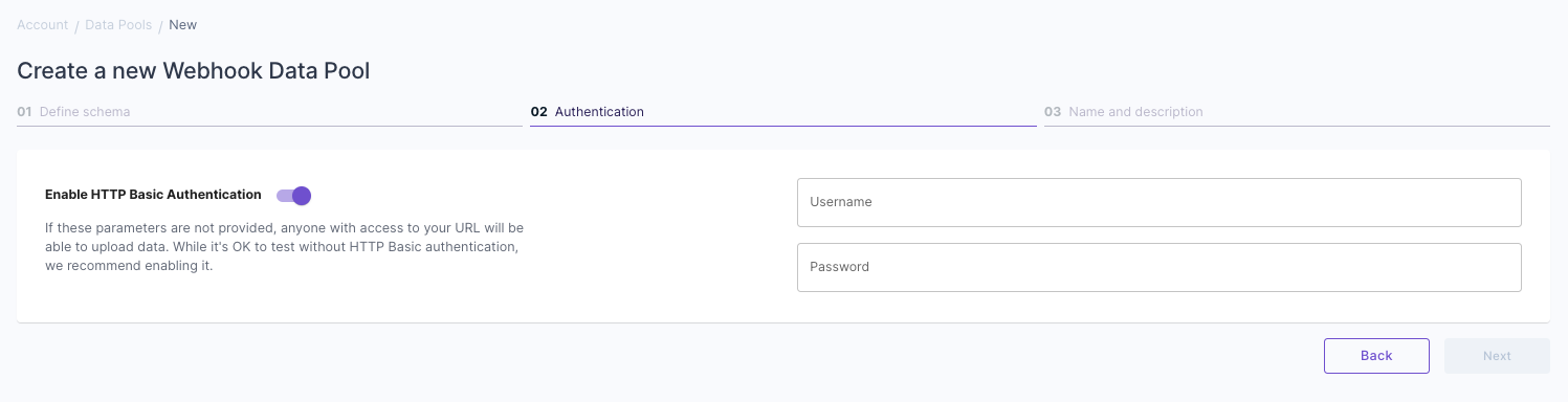 A screenshot of the Webhook Data Pool authentication setup in the Propel Console