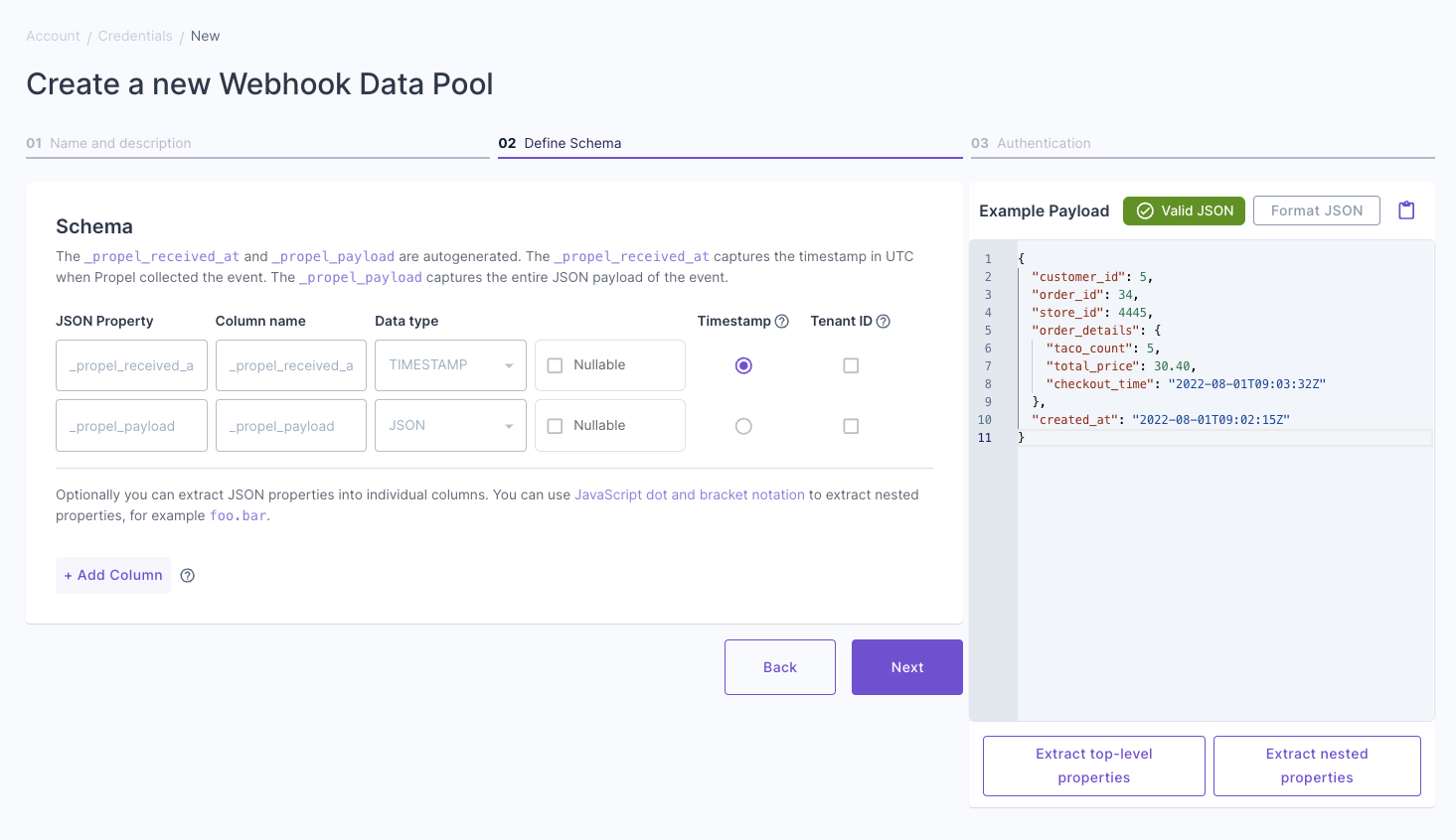 A screenshot demonstrating the initial schema for a new Webhook Data Pool in the Propel Console.