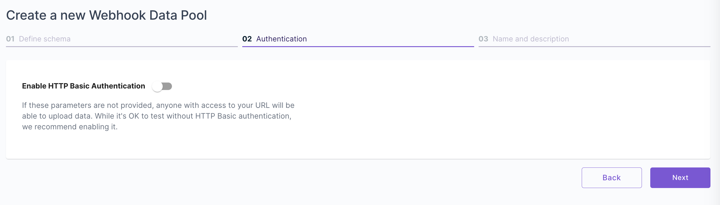 A screenshot demonstrating how to configure authentication for a new Webhook Data Pool in the Propel Console.