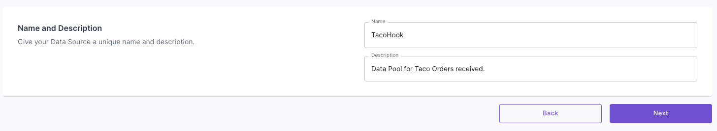 A screenshot demonstrating how to add a name and description to a new Webhook Data Pool in the Propel Console.