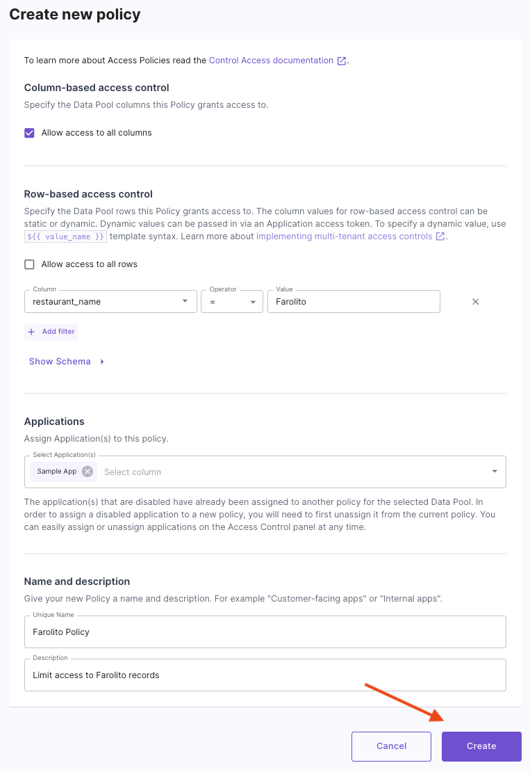 Screenshot of the page to create a new Access Policy.