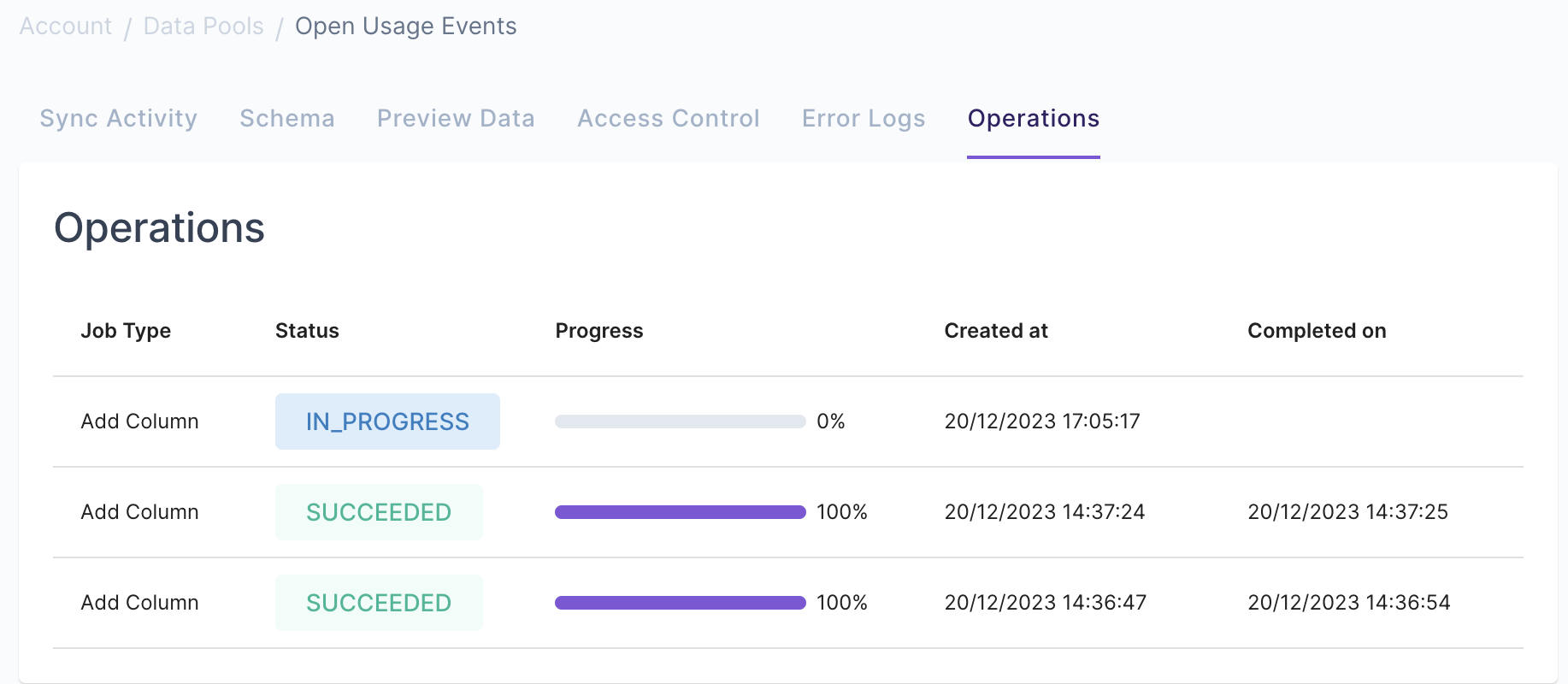 A screen capture of the add column job in the Data Pool operations page.