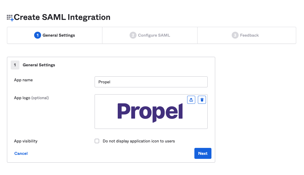 A screenshot showing how to create a new SAML Integration.