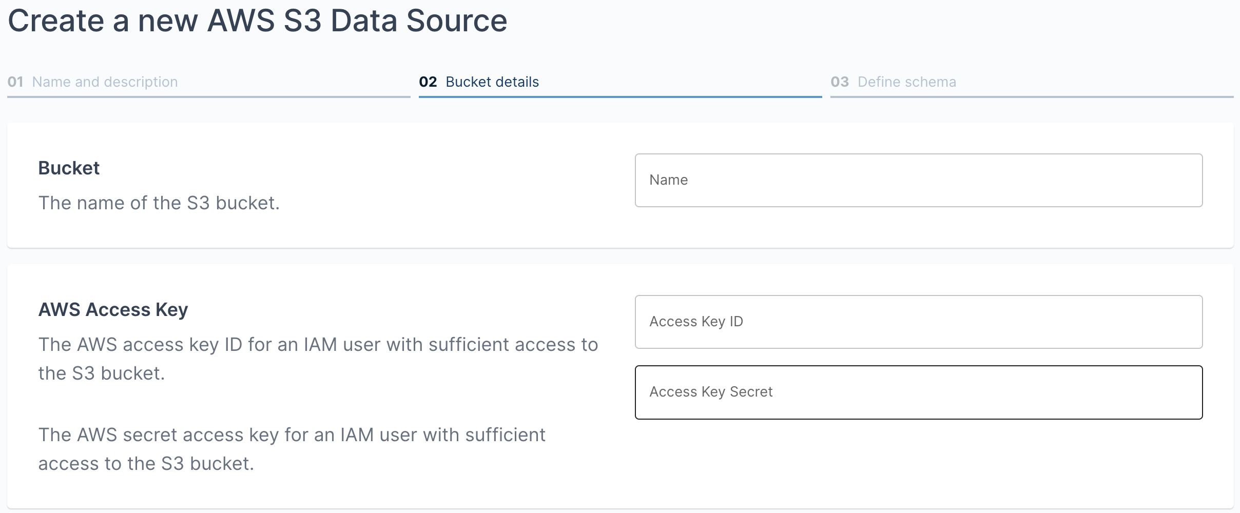 Propel Data Source creation: Entering AWS S3 bucket name and credentials.